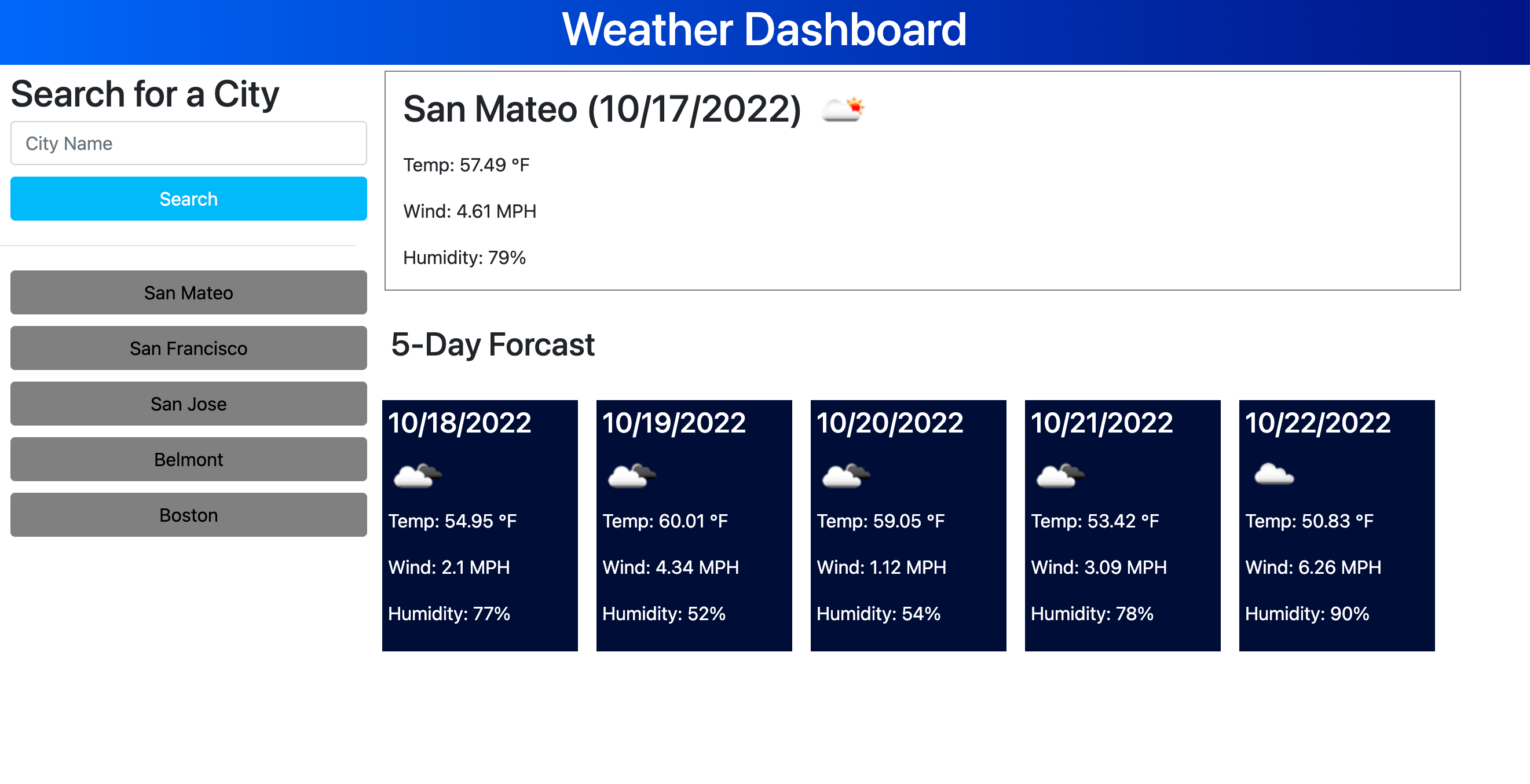 Screenshot of Weather Dashboard Website