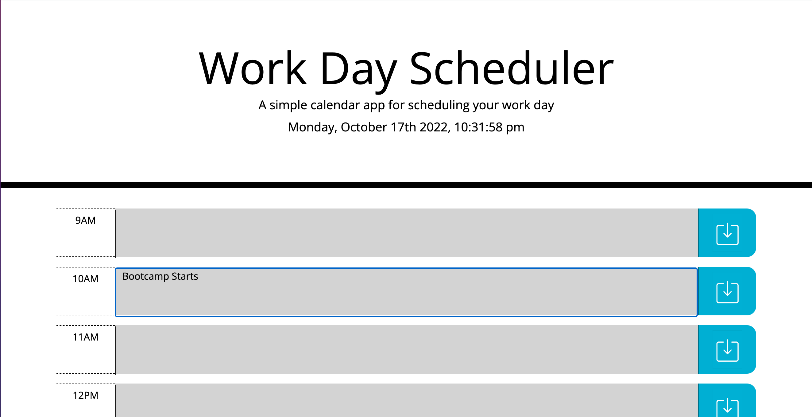 Screenshot of Work Day Scheduler Website